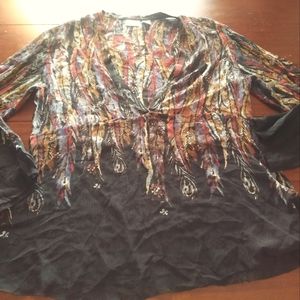 Chicos silk v-neck tunic top black red semi sheer Size 2/Large